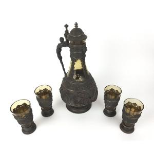 Renaissance-style Pewter Carafe And Four Glasses 
