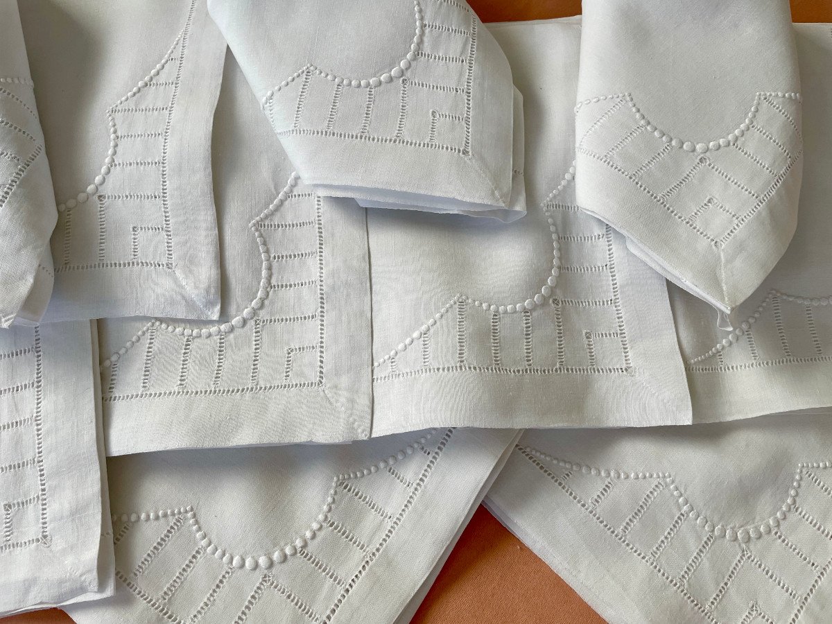 Lot De 11 Grandes Serviettes De Table En Fil De Lin Avec Fine Broderie Main - Linge Ancien-photo-4