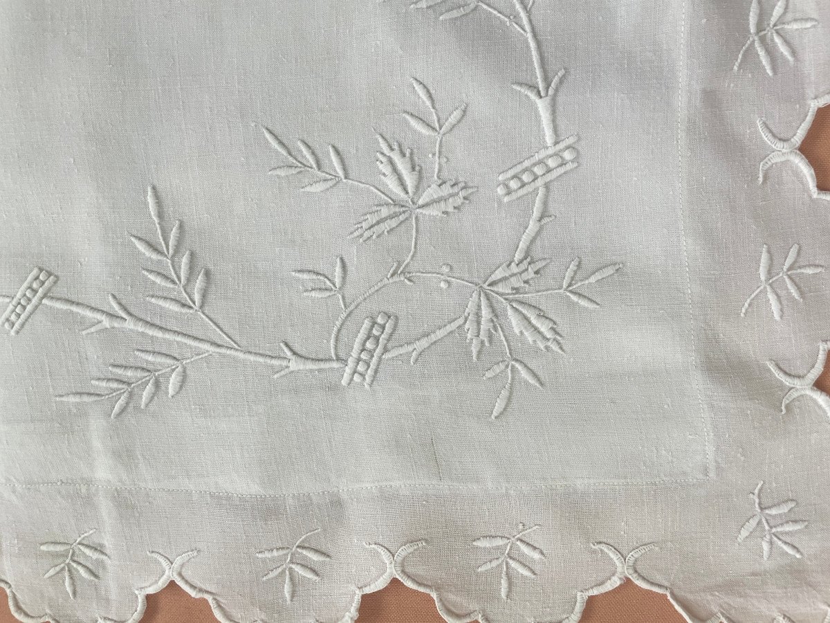 Pillowcase With Flowering Branches With Js Monogram On Fine Linen Canvas, New Condition - Old Linen-photo-2