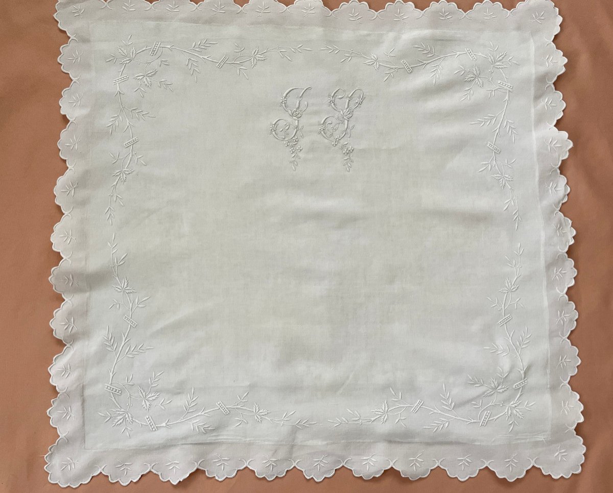 Pillowcase With Flowering Branches With Js Monogram On Fine Linen Canvas, New Condition - Old Linen-photo-4