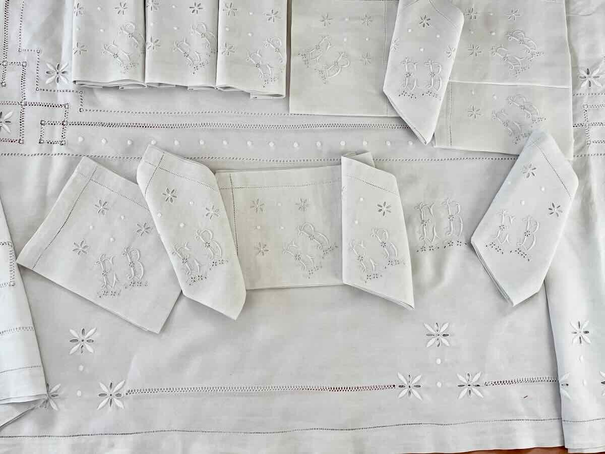 Service De Table 12 Couverts En Lin Fin, Broderies Fils Tirés Et Monogramme Eb - Linge Ancien-photo-6