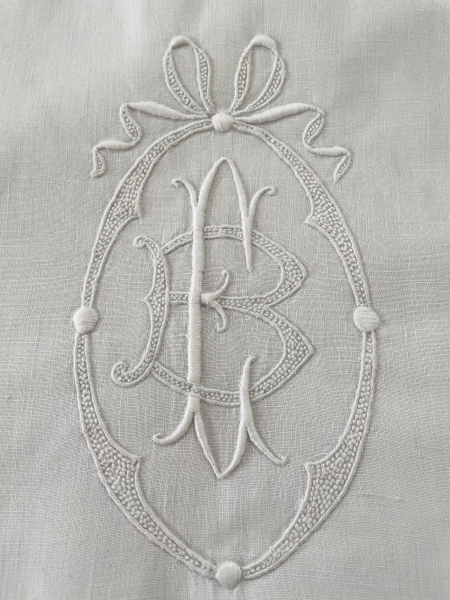 Grand Drap Avec Travail De Jours Sur Toile De Lin Fin Blanc Et Cartouche Eb Broderie Main Linge-photo-2