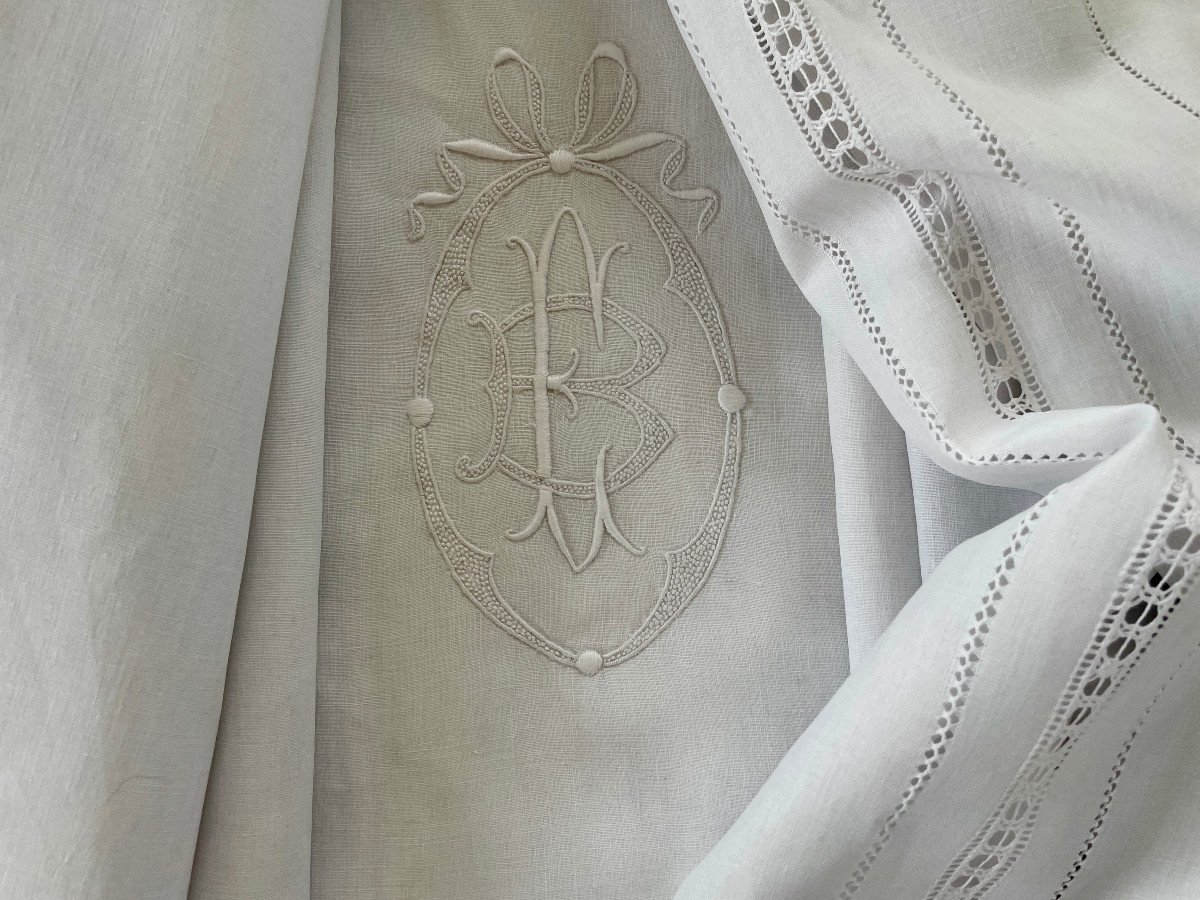 Grand Drap Avec Travail De Jours Sur Toile De Lin Fin Blanc Et Cartouche Eb Broderie Main Linge-photo-2