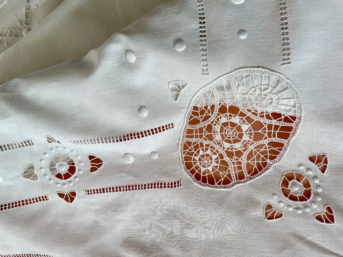Sheet With Hand Embroidery, Needle Inlays, Mc Monogram On Linen Thread - Old Linen-photo-3