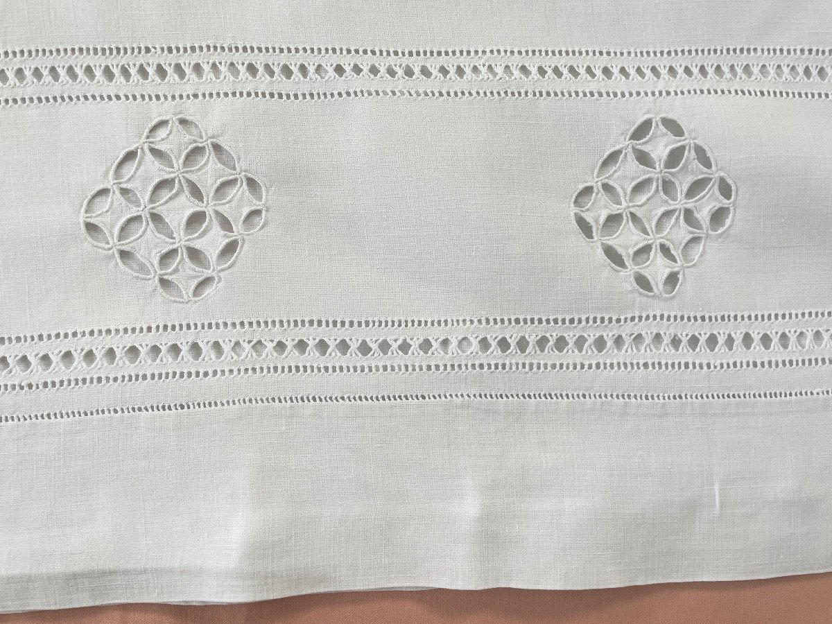 Drap Avec Retours Brodés, Belles Broderies Main Et Monogramme Yr Sur Lin Fin - Linge Ancien-photo-1