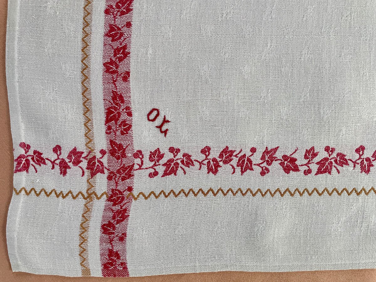 Lot 7 Large Napkins With Red End Batten.napoleon III On Canvas Linen Thread Old Linen-photo-2