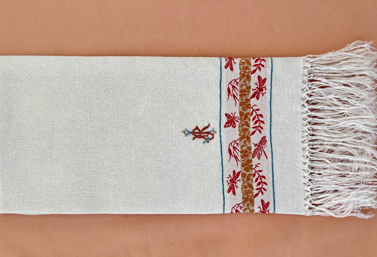 Lot 3 Guest Napkins In Linen Granite With Colored Frieze And Knotted Fringes - Old Linen-photo-4