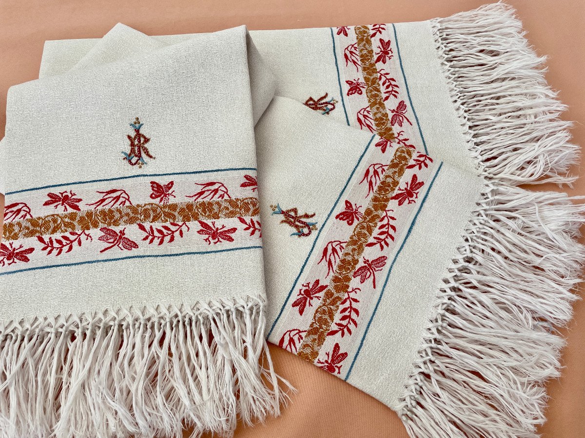 Lot 3 Guest Napkins In Linen Granite With Colored Frieze And Knotted Fringes - Old Linen-photo-3