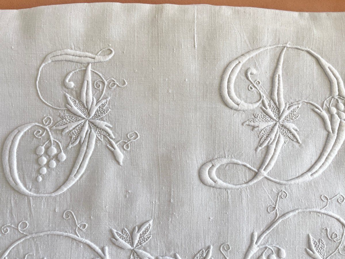 Large Fine Linen Sheet, Hand Embroidery With Superb Jd Monogram -photo-2