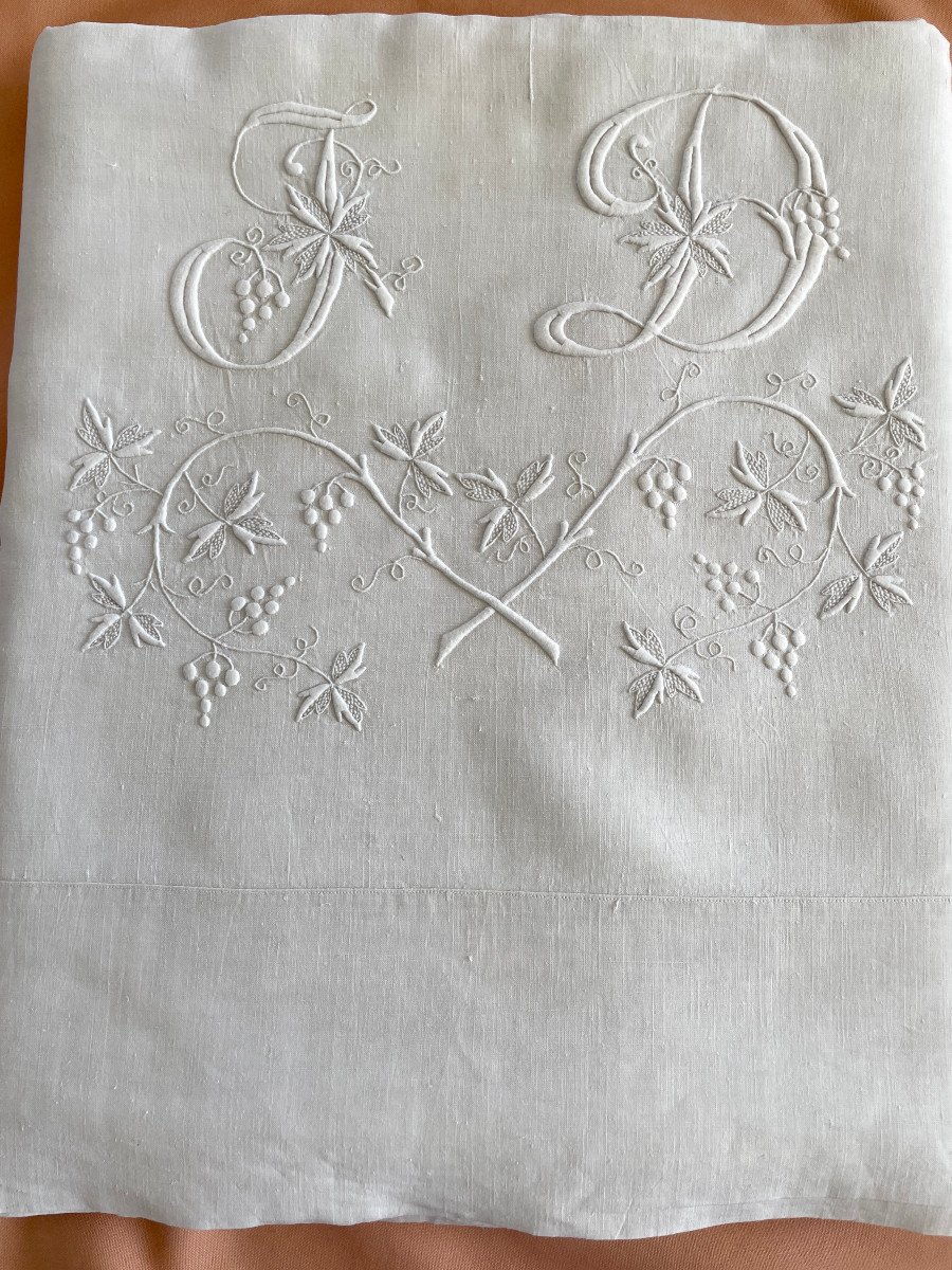 Large Fine Linen Sheet, Hand Embroidery With Superb Jd Monogram -photo-4