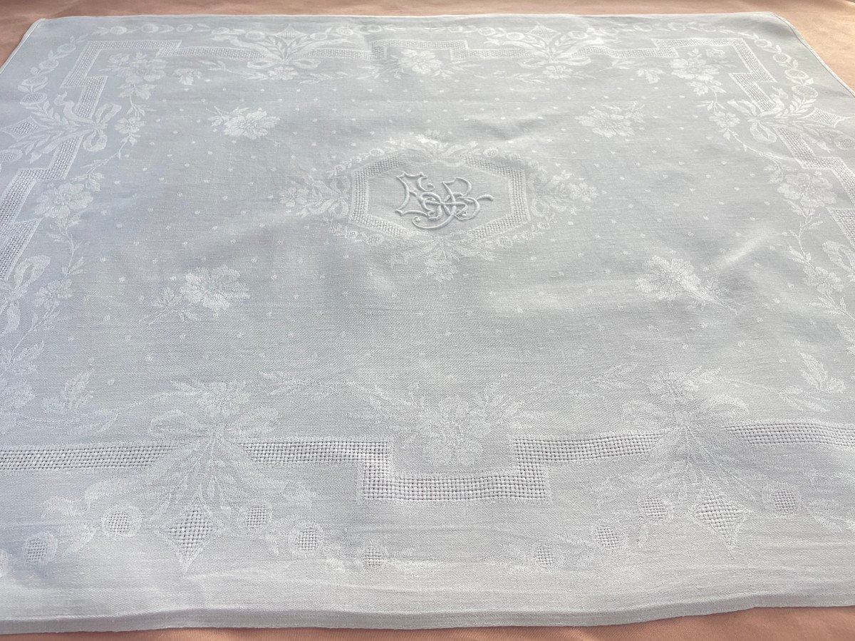 Table Service, Linen Damask, Tablecloth + 12 Napkins Monogram Eb Hand Embroidered - Antique Linen-photo-3