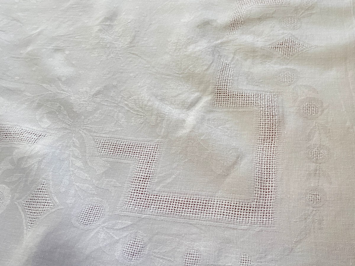 Table Service, Linen Damask, Tablecloth + 12 Napkins Monogram Eb Hand Embroidered - Antique Linen-photo-1