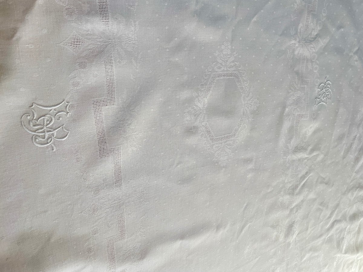 Table Service, Linen Damask, Tablecloth + 12 Napkins Monogram Eb Hand Embroidered - Antique Linen-photo-3