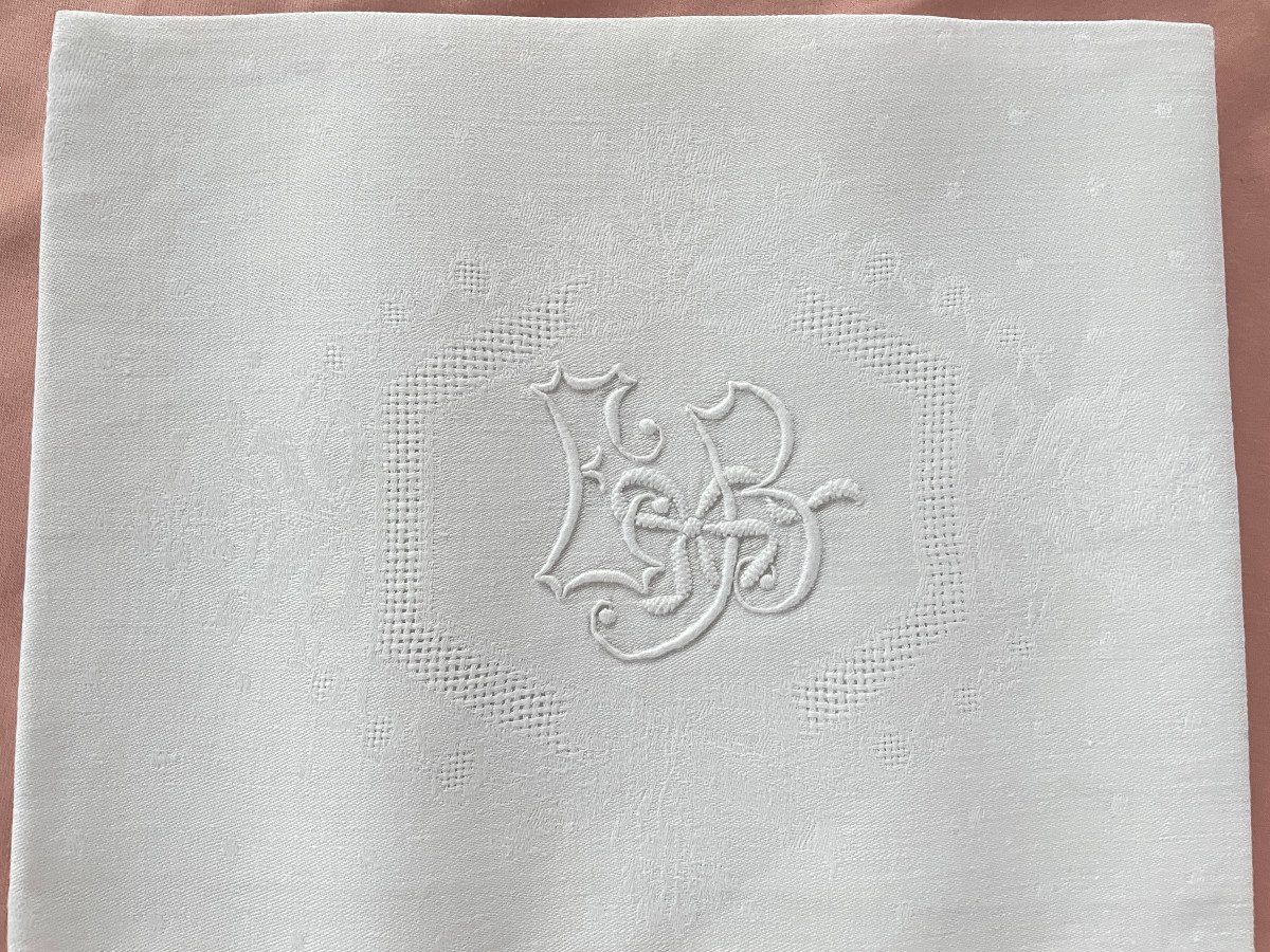 Table Service, Linen Damask, Tablecloth + 12 Napkins Monogram Eb Hand Embroidered - Antique Linen-photo-4