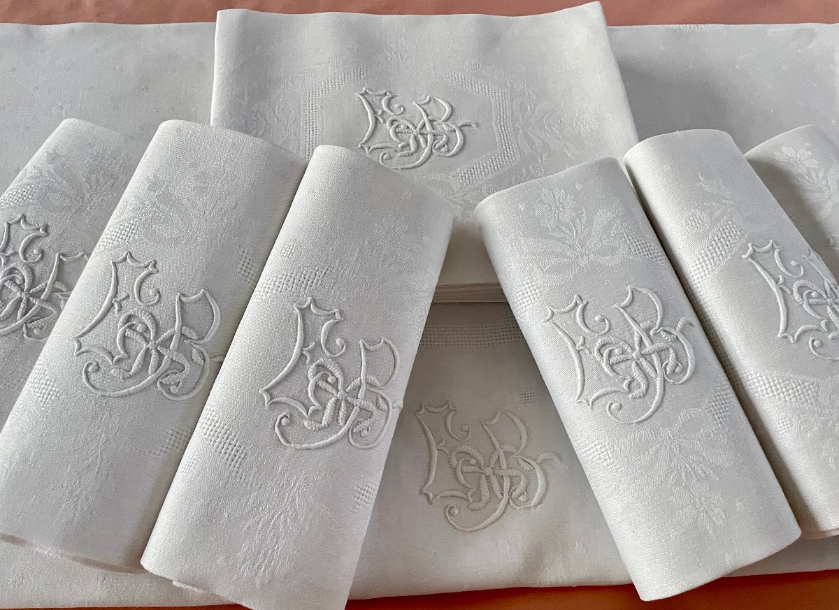 Table Service, Linen Damask, Tablecloth + 12 Napkins Monogram Eb Hand Embroidered - Antique Linen