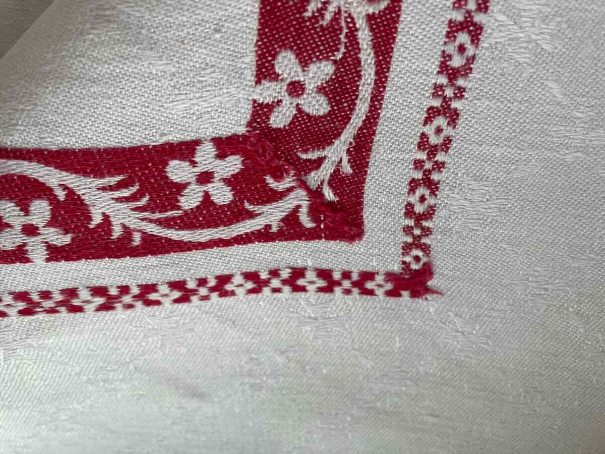 Nappe Rectangle En Damassé De Lin Fin Avec Liteaux Rouge, Napoléon III - Linge Ancien-photo-2