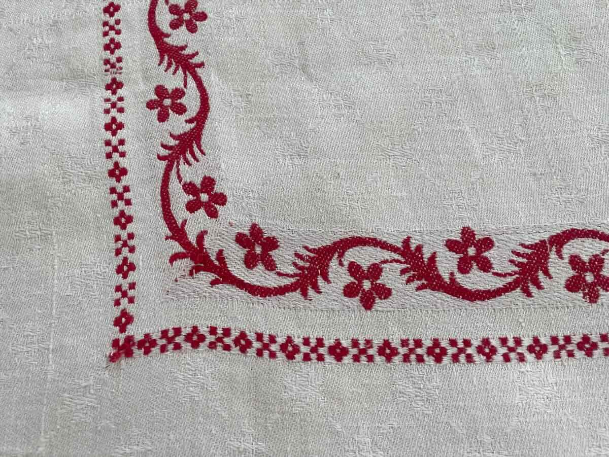 Nappe Rectangle En Damassé De Lin Fin Avec Liteaux Rouge, Napoléon III - Linge Ancien-photo-3