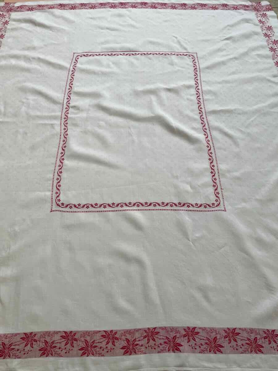 Nappe Rectangle En Damassé De Lin Fin Avec Liteaux Rouge, Napoléon III - Linge Ancien-photo-4
