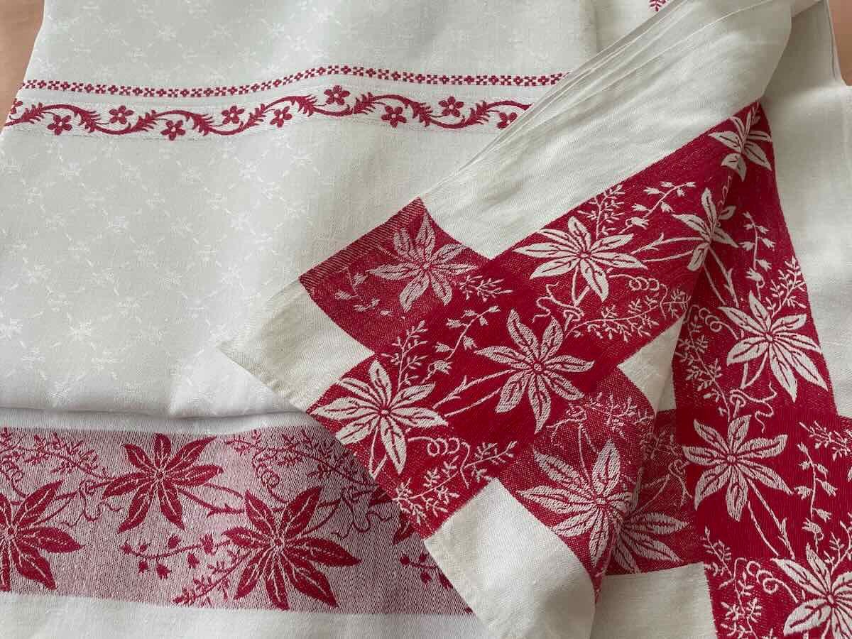 Nappe Rectangle En Damassé De Lin Fin Avec Liteaux Rouge, Napoléon III - Linge Ancien-photo-6