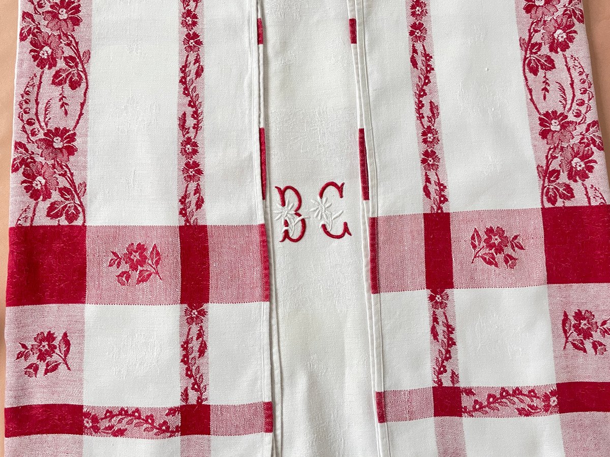 Bc Table Service: Tablecloth And 12 Napkins, Cotton With Red Ribbon Flowers - Antique Linen-photo-4