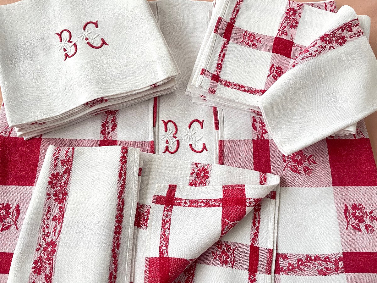 Bc Table Service: Tablecloth And 12 Napkins, Cotton With Red Ribbon Flowers - Antique Linen-photo-7