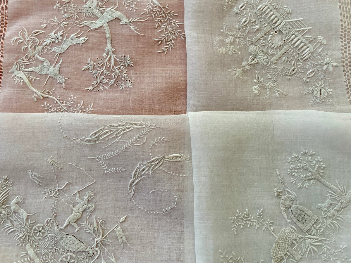Lady's Work With Scenes: Handkerchief Ac Or Other, Hand Embroidered On Linen - Old Linen