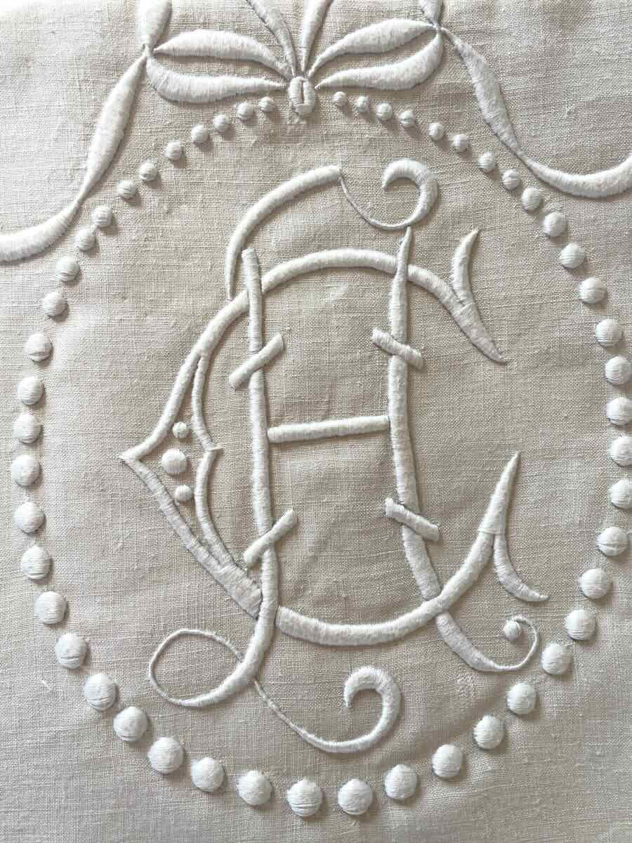 Drap Brodé Main Avec Retours, Monogramme AC Sur Toile De Lin Fin Neuf- Linge Ancien-photo-2