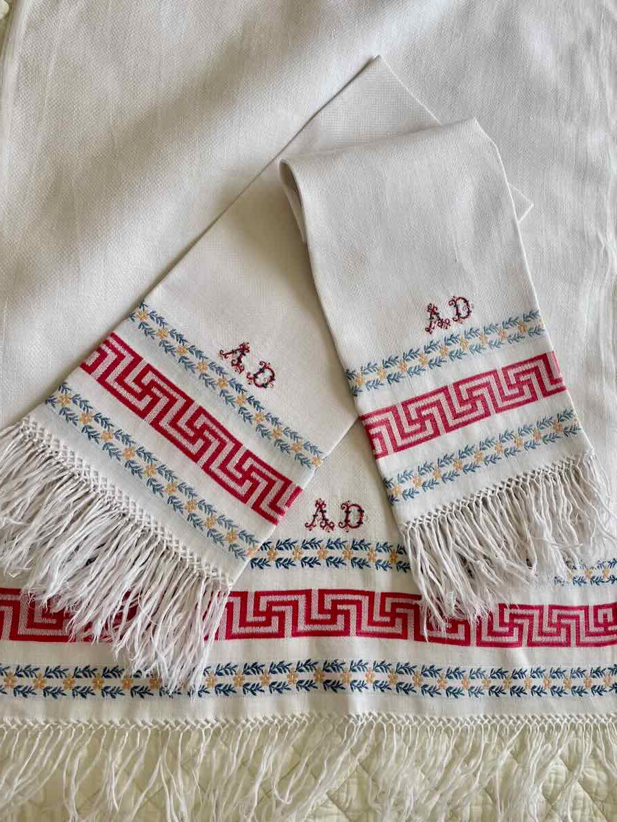 Lot de 3 grandes serviettes d'invités en lin fin  avec liteau couleur et franges - Linge Ancien-photo-3