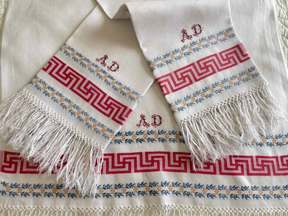 Lot de 3 grandes serviettes d'invités en lin fin  avec liteau couleur et franges - Linge Ancien-photo-2