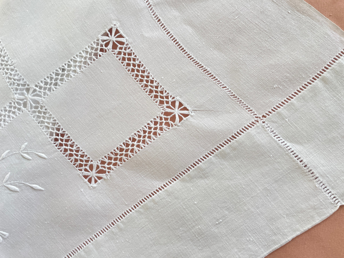Hand-embroidered Sheet, Flowering Branches, Embroidered Returns, Sl Monogram On Linen Canvas - Antique Linen-photo-4