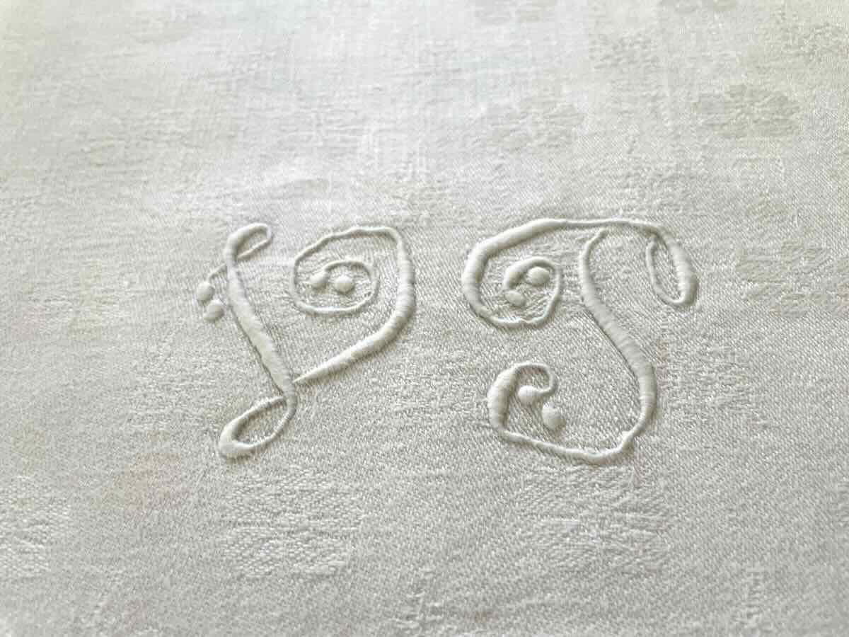 Large 4.20 M Tablecloth, In White Linen Damask With Floral Strips, Monos Vp - Antique Linen-photo-2