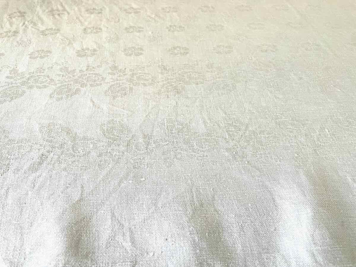 Large 4.20 M Tablecloth, In White Linen Damask With Floral Strips, Monos Vp - Antique Linen-photo-1