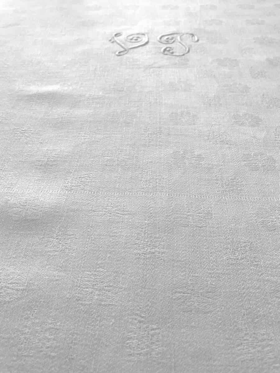 Large 4.20 M Tablecloth, In White Linen Damask With Floral Strips, Monos Vp - Antique Linen-photo-2