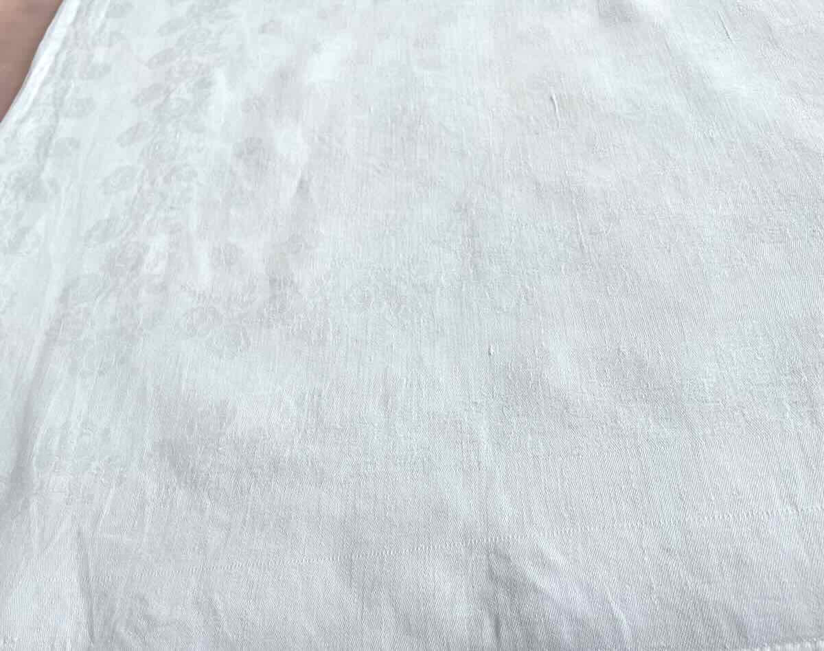 Large 4.20 M Tablecloth, In White Linen Damask With Floral Strips, Monos Vp - Antique Linen-photo-4