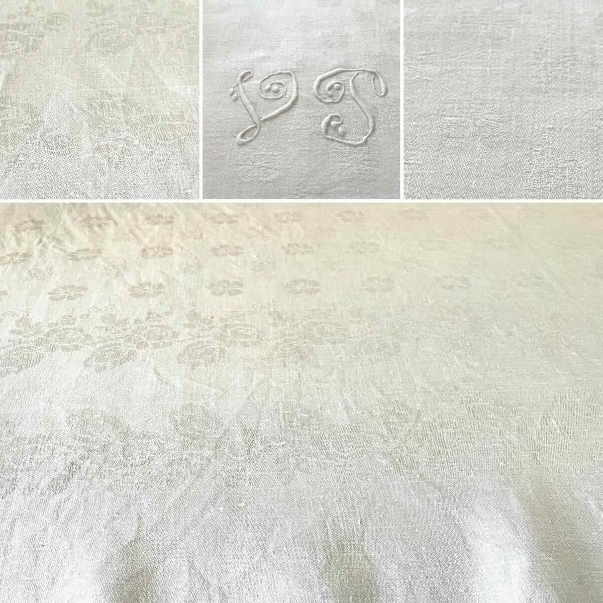 Large 4.20 M Tablecloth, In White Linen Damask With Floral Strips, Monos Vp - Antique Linen