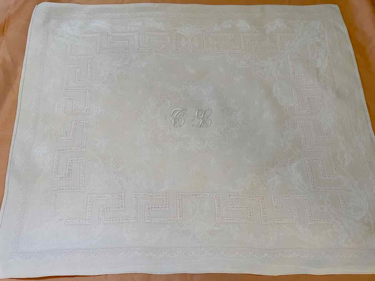 Service de table en damassé  de lin : Nappe + 10 serviettes, monos TL brodé main - Linge Ancien-photo-2