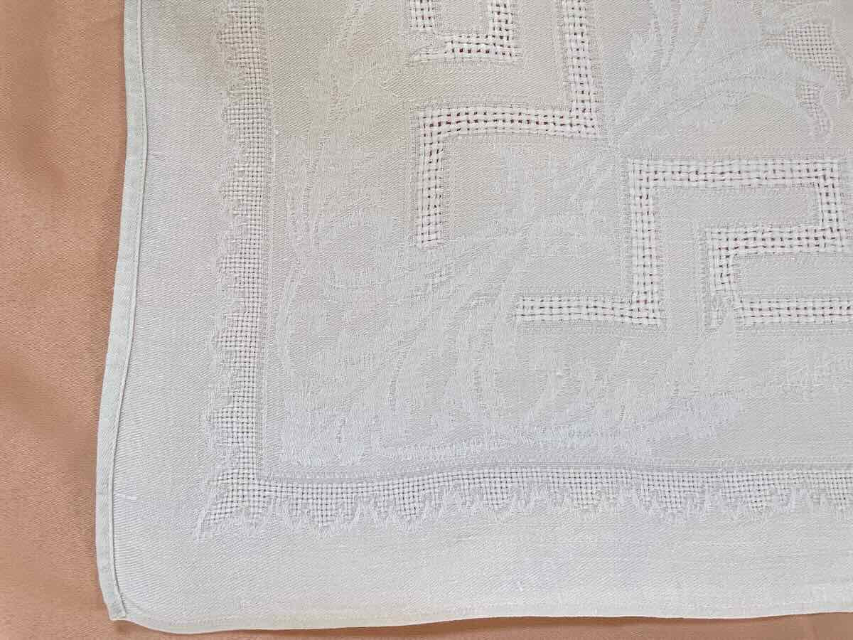 Service de table en damassé  de lin : Nappe + 10 serviettes, monos TL brodé main - Linge Ancien-photo-3