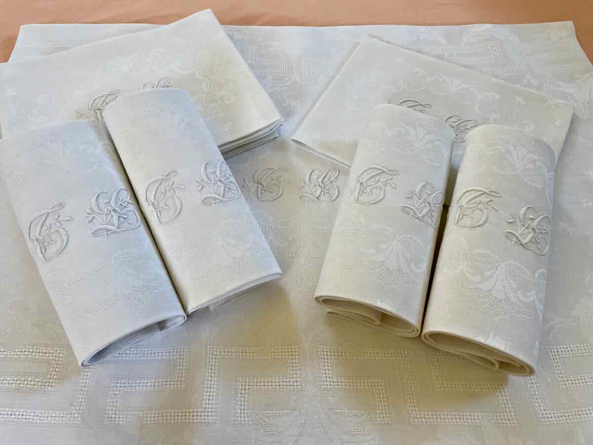 Service de table en damassé  de lin : Nappe + 10 serviettes, monos TL brodé main - Linge Ancien-photo-3