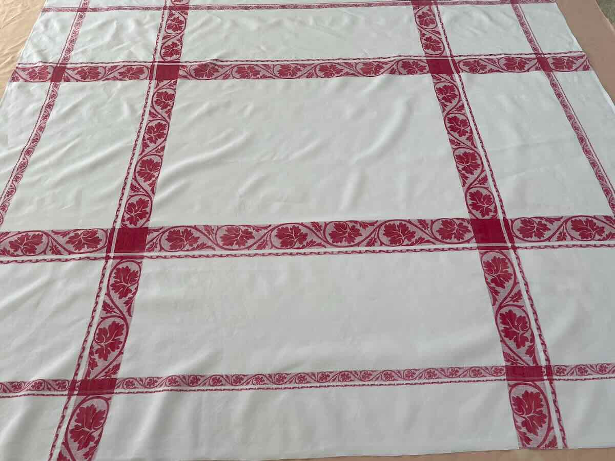 Nappe rectangle en damassé de lin fin avec liteaux rouges, Napoléon III-photo-2