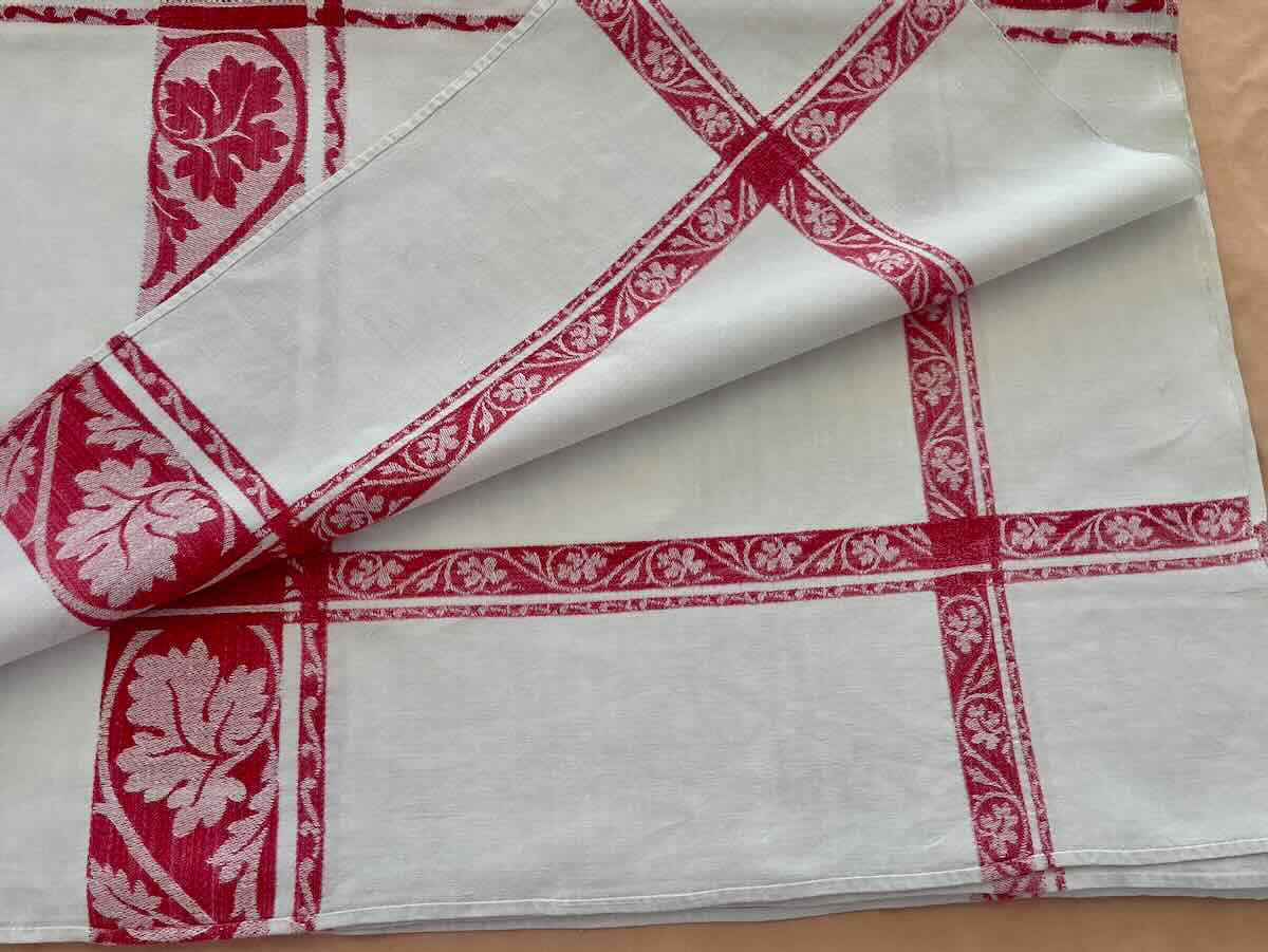Nappe rectangle en damassé de lin fin avec liteaux rouges, Napoléon III-photo-3