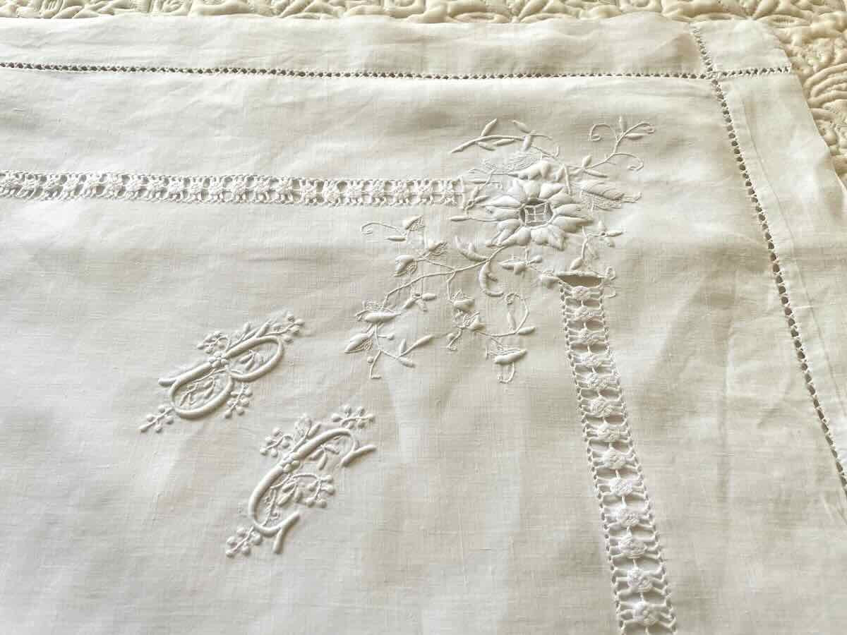 Beautiful Pillowcase With Sumptuous Embroidery, Mono Bc, Linen Thread - Linge Ancien-photo-1