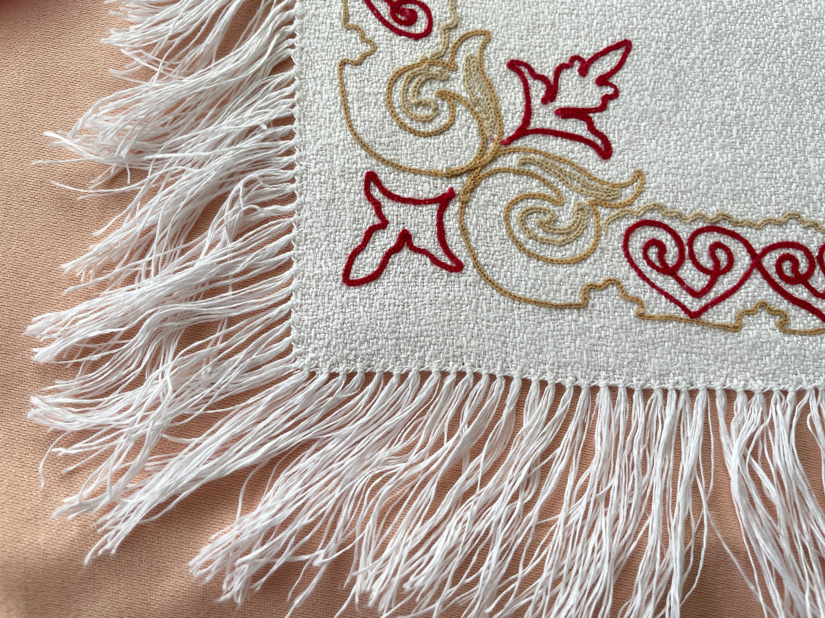 Set Of 12 Small Fringed Napkins, Linen Granite, Colored Embroidery Point De Beauvais, Napoleon I-photo-2