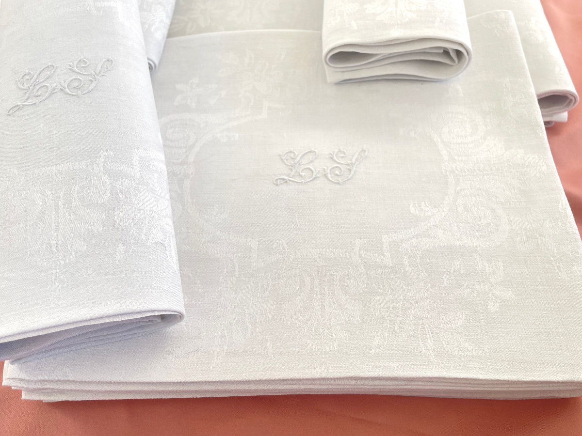 11-piece Dinner Service In Fine Linen Damask, Hand-embroidered Ls Monogram - Antique Linen-photo-2