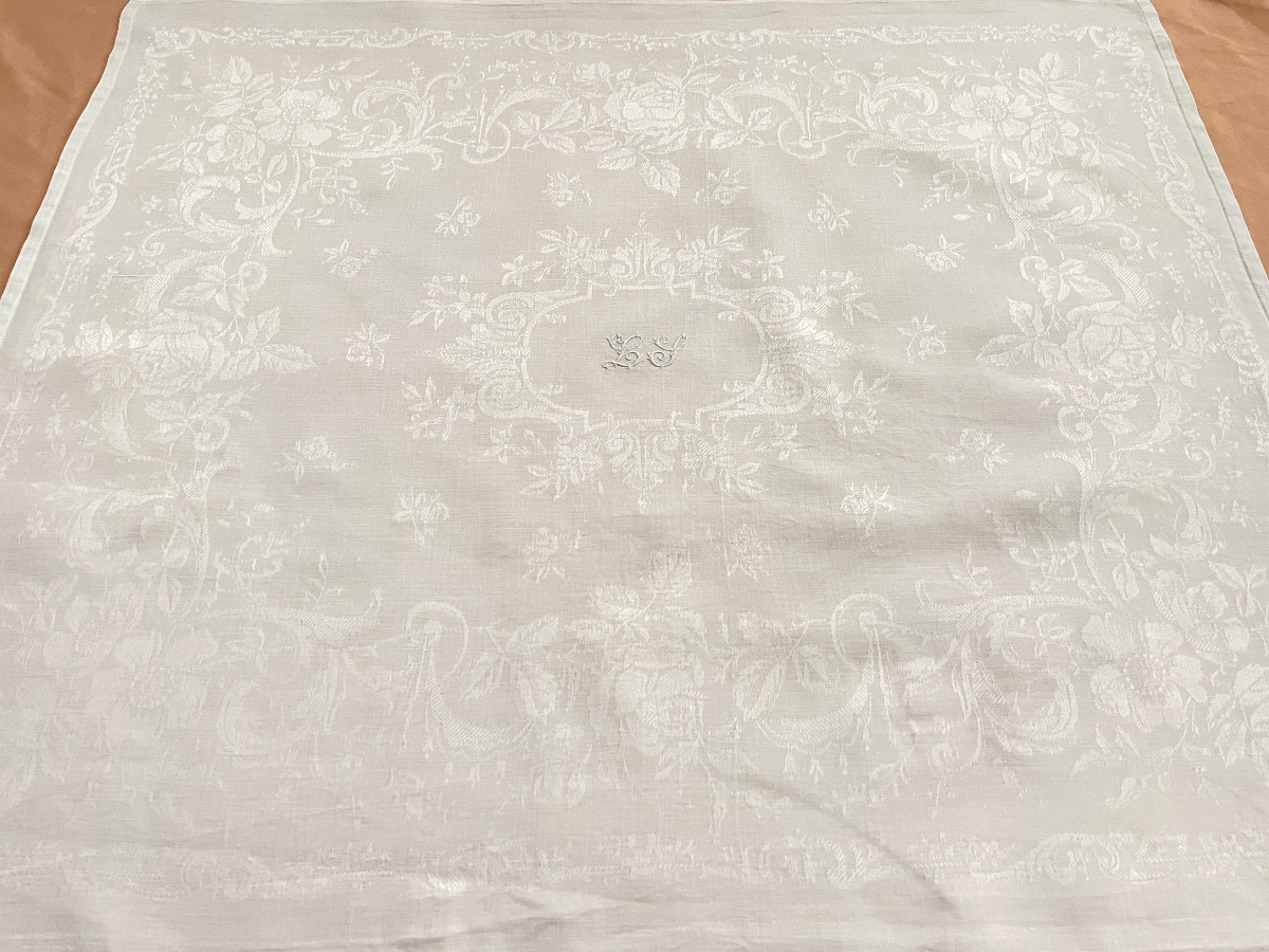 11-piece Dinner Service In Fine Linen Damask, Hand-embroidered Ls Monogram - Antique Linen-photo-3
