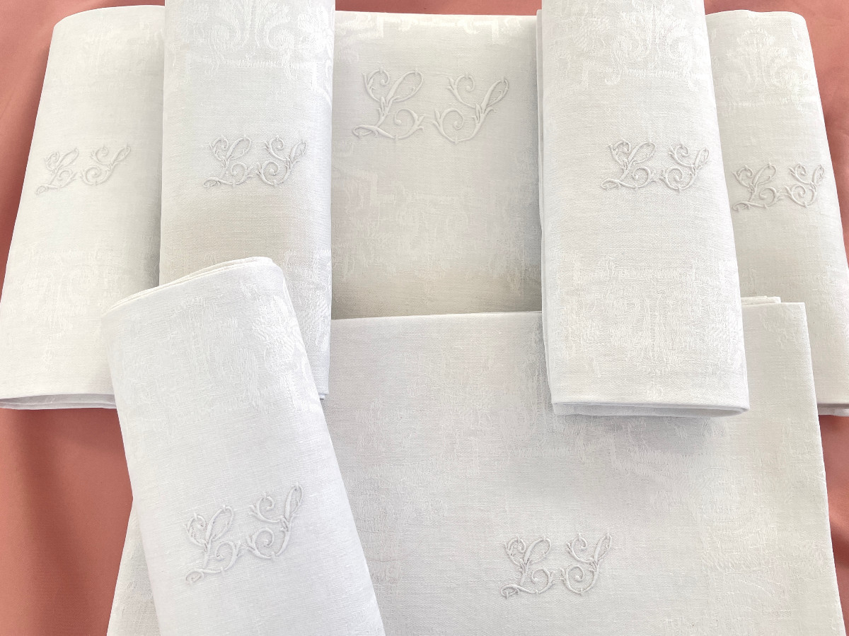11-piece Dinner Service In Fine Linen Damask, Hand-embroidered Ls Monogram - Antique Linen-photo-5