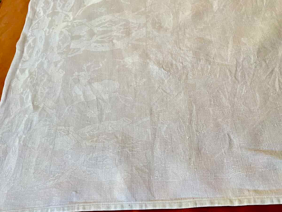 Cf Tablecloth In Fine White Linen Damask, Animal And Hunting Motifs - Antique Linen-photo-4