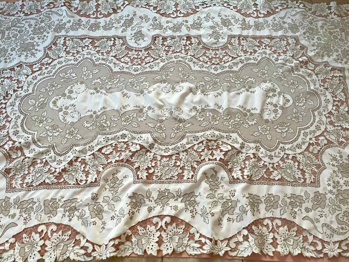 Grande nappe rectangle, broderie Richelieu fleurs toile lin broderie fil beige-Linge Ancien-photo-2