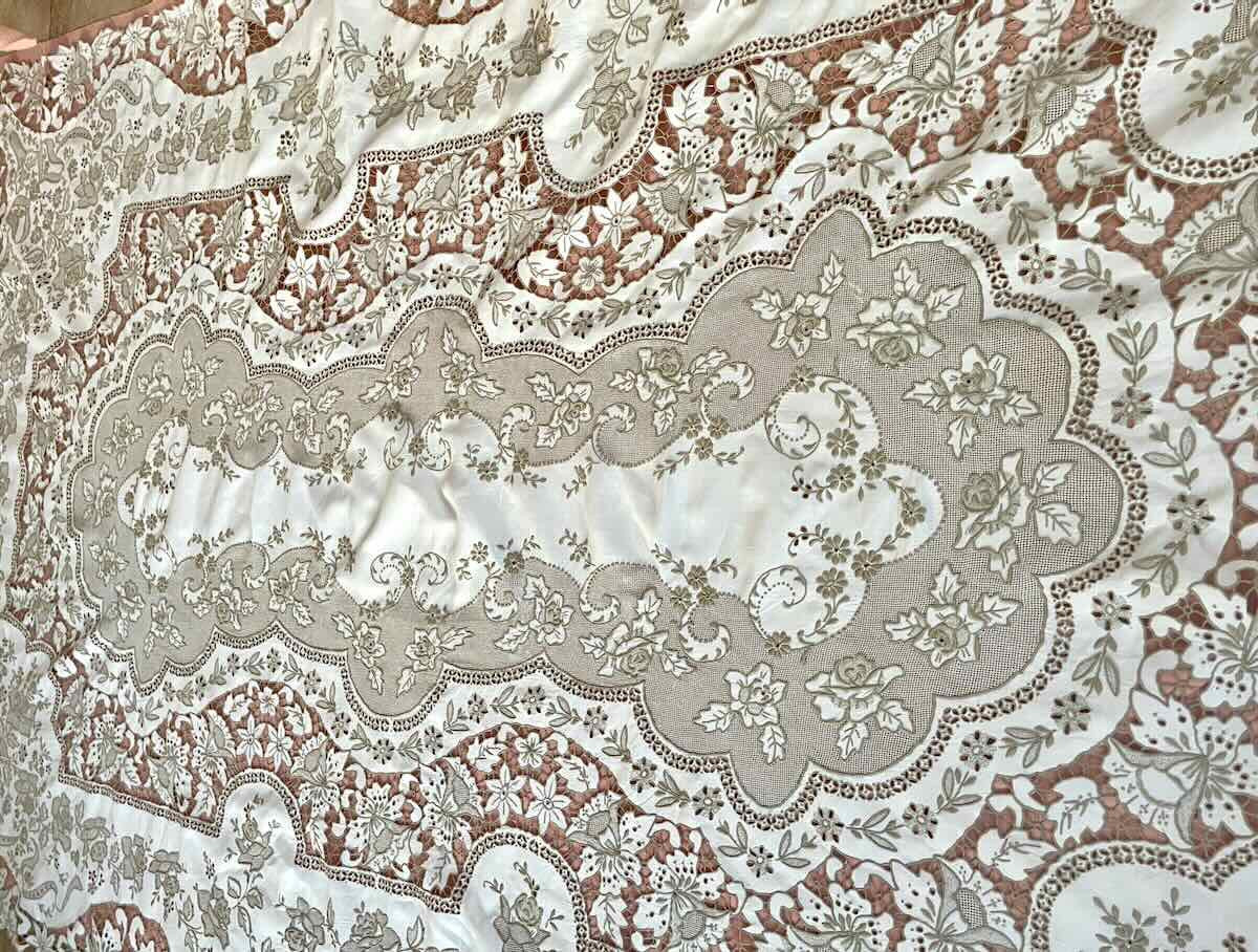 Grande nappe rectangle, broderie Richelieu fleurs toile lin broderie fil beige-Linge Ancien-photo-2