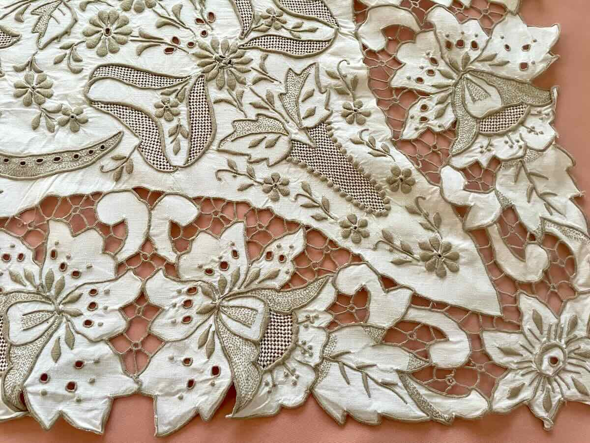Grande nappe rectangle, broderie Richelieu fleurs toile lin broderie fil beige-Linge Ancien-photo-3