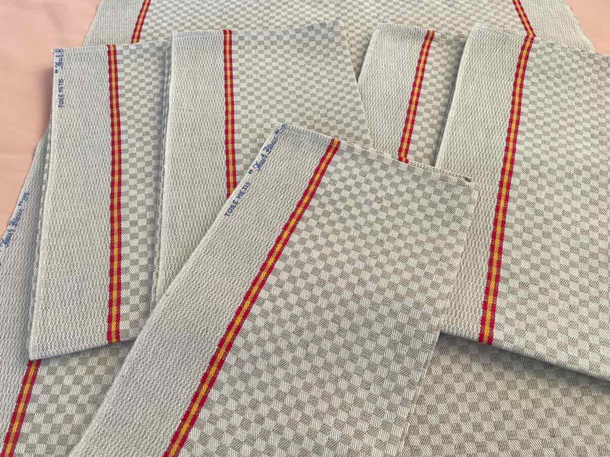 Set Of Six Tea Towels: Blue Flower, Patterns On Beige Cotton Linen - Antique Linen-photo-2